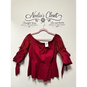 Active USA Burgundy Off Shoulder Crochet Lace Ruffle Sleeve Peplum Top Large NWT